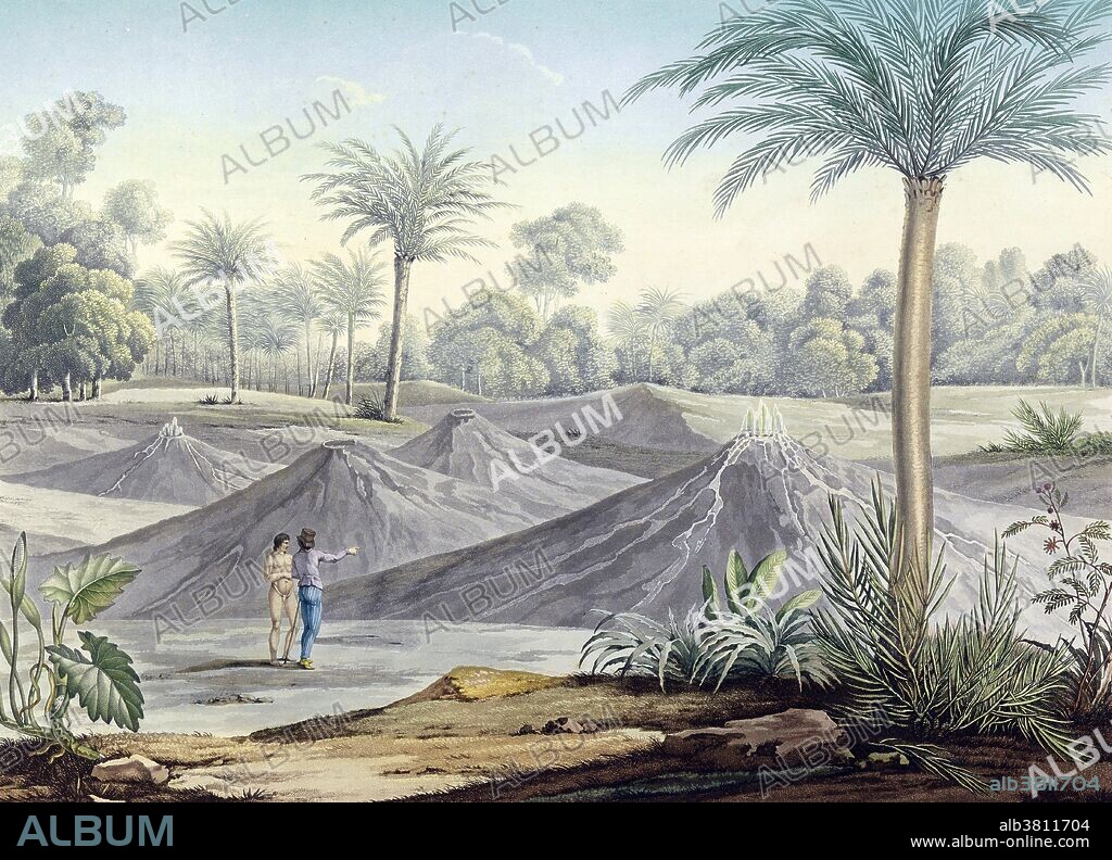 Indigenous people and the air volcanoes of Turbaco near Cartagena in Colombia, early 1800s. These small volcanoes emit air. Engraved by Bouquet.