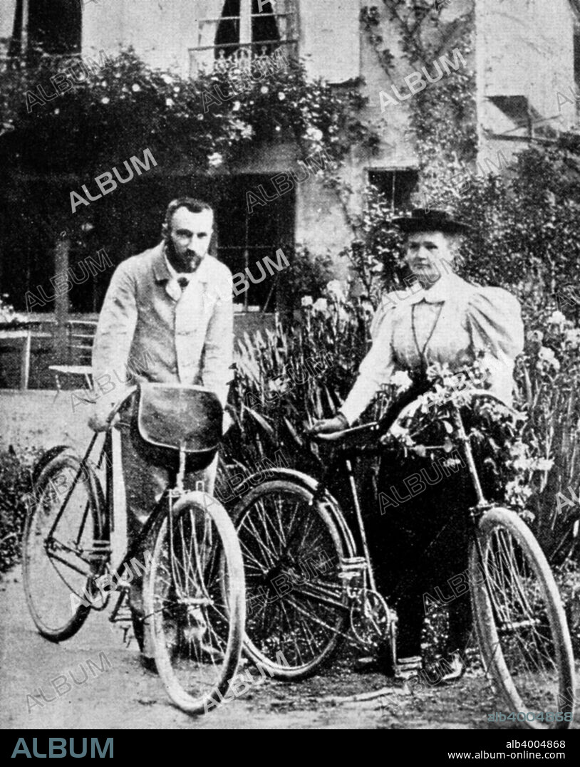 Pierre and Marie Curie, French physicists, preparing to go cycling. Polish-born Marie Curie and her husband Pierre continued the work on radioactivity started by Henri Becquerel. In 1898, they discovered two new elements, polonium and radium. Marie did most of the work of producing these elements, and to this day her notebooks are still too radioactive to use. She went on to become the first woman to be awarded a doctorate in France, and continued her work after Pierre's death in 1906. In 1903 they shared the Nobel Prize for Physics with Becquerel. Marie won a second Nobel Prize, for chemistry, in 1911.