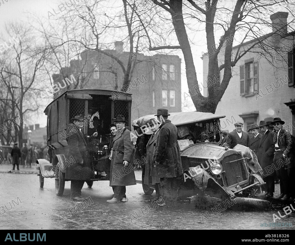 Bootlegger's wreck. Prohibition in the United States was a nationwide Constitutional ban on the sale, production, importation, and transportation of alcoholic beverages that remained in place from 1920 to 1933. It was promoted by dry crusaders movement, led by rural Protestants and social Progressives in the Democratic and Republican parties, and was coordinated by the Anti-Saloon League. Prohibition was mandated under the Eighteenth Amendment to the U.S. Constitution. Enabling legislation, known as the Volstead Act, set down the rules for enforcing the ban and defined the types of alcoholic beverages that were prohibited. Private ownership and consumption of alcohol was not made illegal under federal law; however, in many areas local laws were more strict, with some states banning possession outright. Prohibition supporters, called drys, presented it as a victory for public morals and health. Anti-prohibitionists, known as wets, criticized the alcohol ban as an intrusion of mainly rural Protestant ideals on a central aspect of urban, immigrant, and Catholic life. Nationwide Prohibition ended with the ratification of the Twenty-first Amendment, which repealed the Eighteenth Amendment, on December 5, 1933. Photographed by the National Photo Company January 21, 1922.