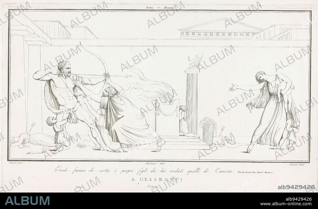 The enraged Hercules fires an arrow at Iole, Hercules aims an arrow at Iole, the daughter of the Mycenaean king Eurystheus. After Hercules won a shooting contest from the sons of Eurystheus, his prize would be Iole. But Eurystheus refused to give up his daughter. Text in Italian in lower margin., print maker: Juan Bautista Romero, (mentioned on object), after drawing by: Pestrucci, (mentioned on object), after design by: Antonio Canova, (mentioned on object), Italy, 1766 - 1802, paper, etching, height 265 mm × width 440 mm.