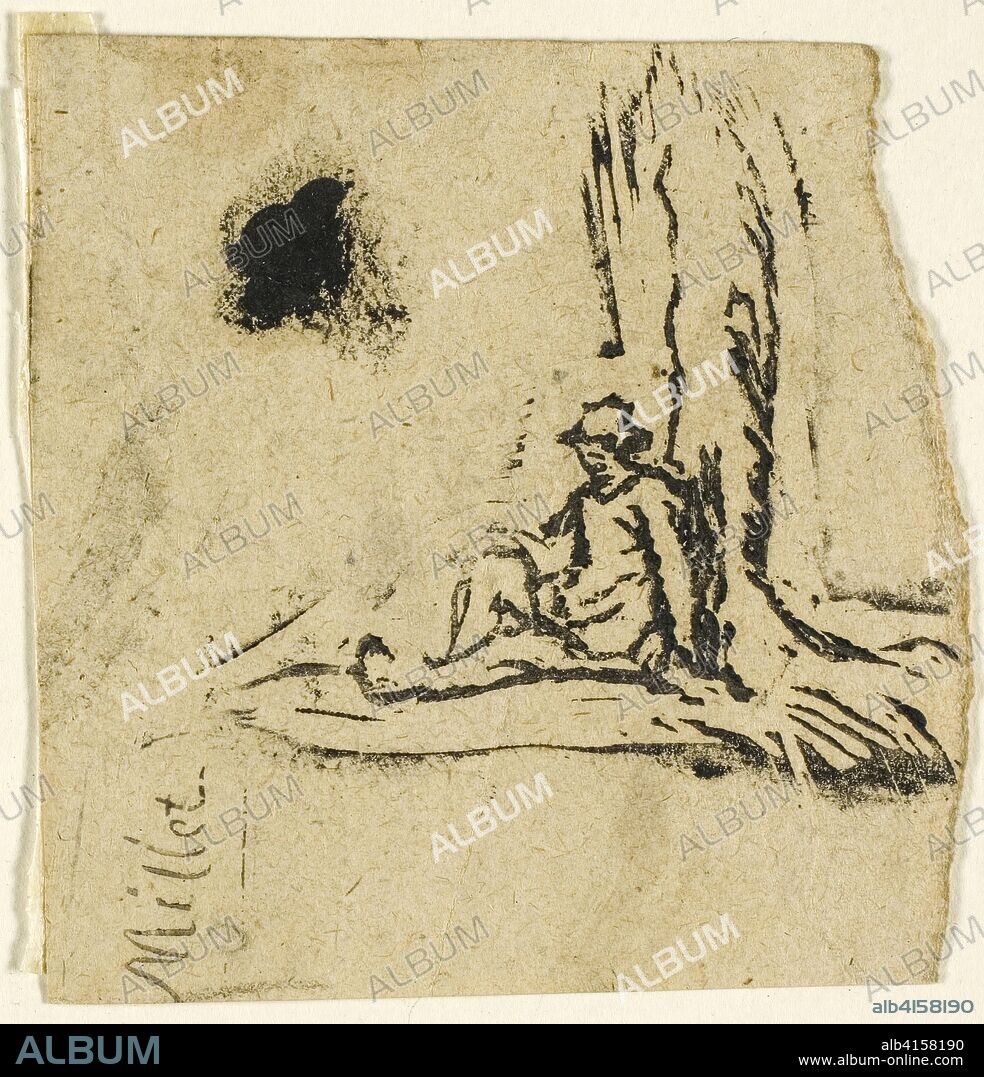 JEAN FRANCOIS MILLET. Sketches, Fragment: Peasant Seated at the Foot of a Tree. Jean François Millet; French, 1814-1875. Date: 1863-1875. Dimensions: 54 × 59 mm (image, recto); 44 × 27 mm (image, verso); 68 × 67 mm (sheet). Woodcut fragment from a partially inked block on tan wove China paper, and a fragment of another woodcut, verso, in dark brown. Origin: France.