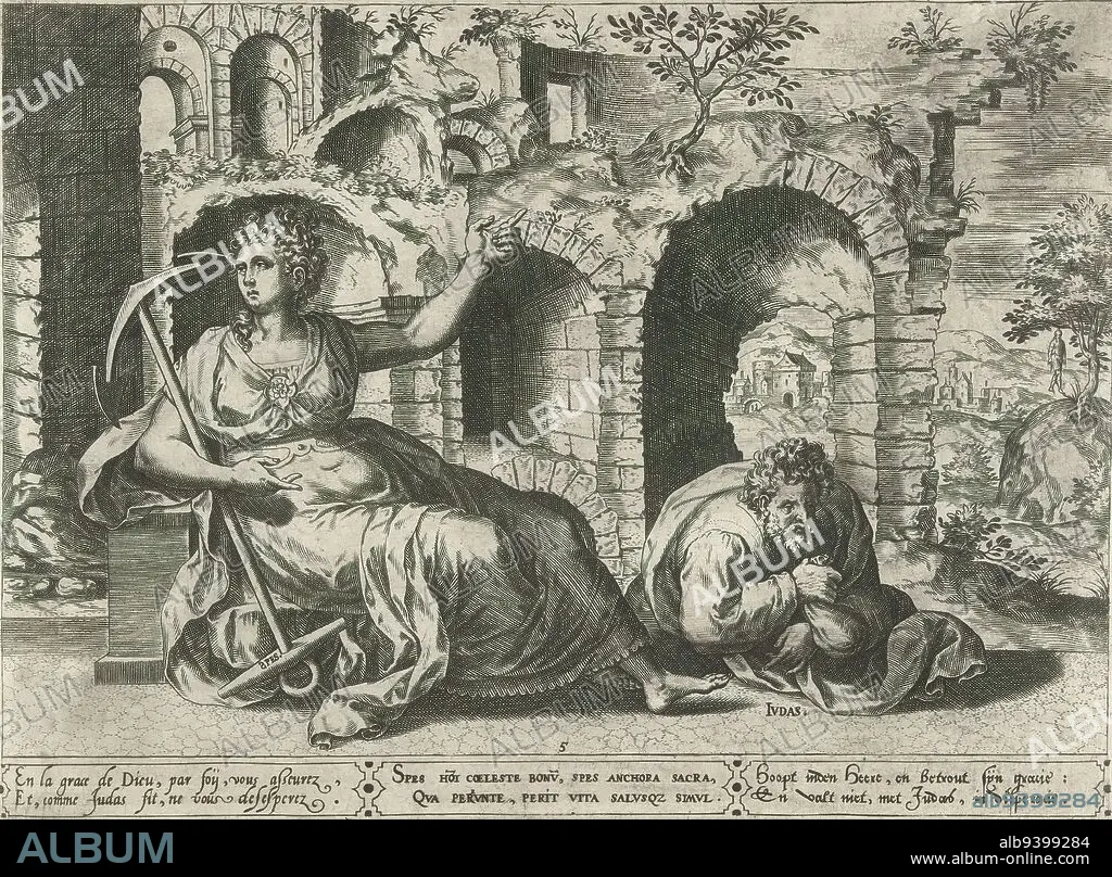 Judas and Hope (Spes), The seven main virtues and their human counterparts  (series title), In foreground sits Hope (Spes): a young woman with anchor.  next to her Judas hol - Album alb9399284