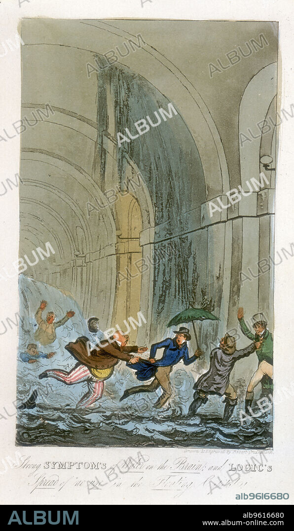 Flooding during the excavation of the Thames Tunnel, London,1828 (1836). Tom, Jerry and Logic having a narrow escape as water breaks through during a visit to the Thames Tunnel workings. On 12 January 1828, water flooded into the workings of Marc Isambard Brunel's tunnel beneath the River Thames. 6 men were killed, and Isambard Kingdom Brunel, the site engineer, was among others in the workings at the time who narrowly escaped with their lives. The accident seriously delayed work on the project, which had begun in 1825. The tunnel, which connected Wapping and Rotherhithe, was finally completed in 1843. It was the world's first underwater tunnel. From The Finish to the Adventures of Tom, Jerry and Logic. (London, 1828).