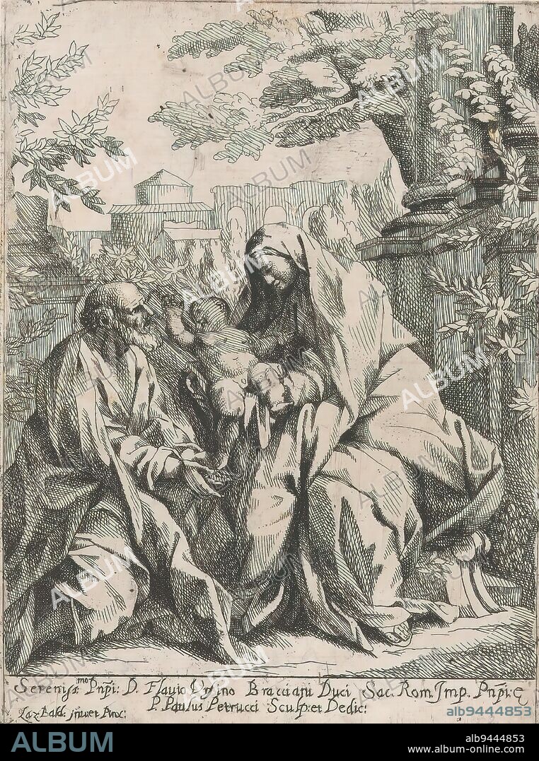 Holy Family, Mary and Joseph with the Christ Child, seated among ruins of ancient buildings. Assignment in lower margin., print maker: Pietro Paolo Petrucci, (mentioned on object), after painting by: Lazzaro Baldi, (mentioned on object), Flavio Orsini, (mentioned on object), Italy, 1700 - 1799, paper, etching, height 199 mm × width 147 mm.