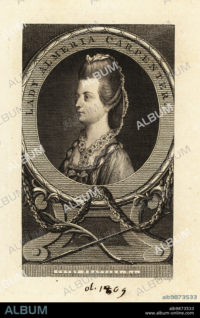 Lady Almeria Carpenter (1752-1809), Irish aristocrat. Daughter of George Carpenter, 1st Earl of Tyrconnell, and his wife Frances Clifton. For many years, Almeria was mistress to Prince William Henry, Duke of Gloucester and Edinburgh. Oval portrait copperplate engraving by Page from the series of Court Beauties in the London Magazine, R. Baldwin, London, 1791.