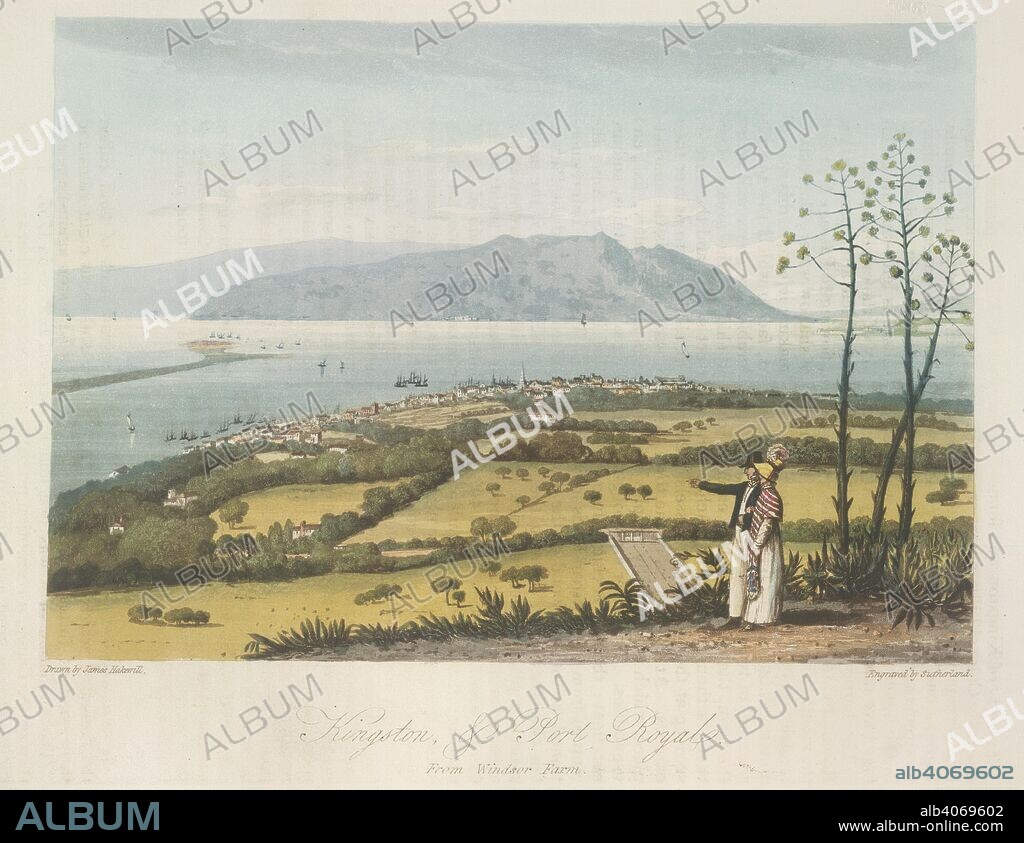 JAMES HAKEWILL and SUTHERLAND. Kingston and Port Royal. A picturesque Tour in the Island of Jamaica, from. London, 1825. Kingston and Port Royal from Windsor Farm.  Image taken from A picturesque Tour in the Island of Jamaica, from drawings made in the years 1820 and 1821..  Originally published/produced in London, 1825. . Source: 1486.gg.11, plate 3. Language: English.