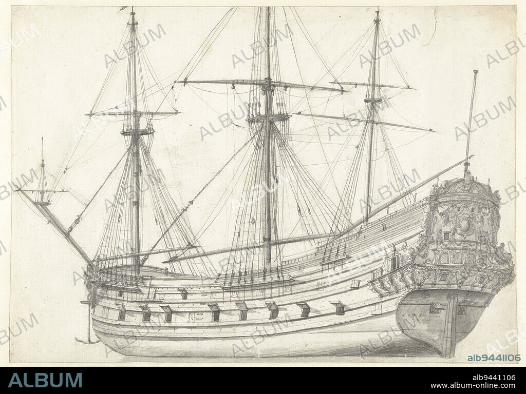 Three-masted ship of the Amsterdam Admiralty, Jan Abrahamsz. Beerstraten, 1600 - 1699, A warship with a richly carved transom on the right., draughtsman: Jan Abrahamsz. Beerstraten, 1600 - 1699, paper, brush, h 286 mm × w 405 mm.