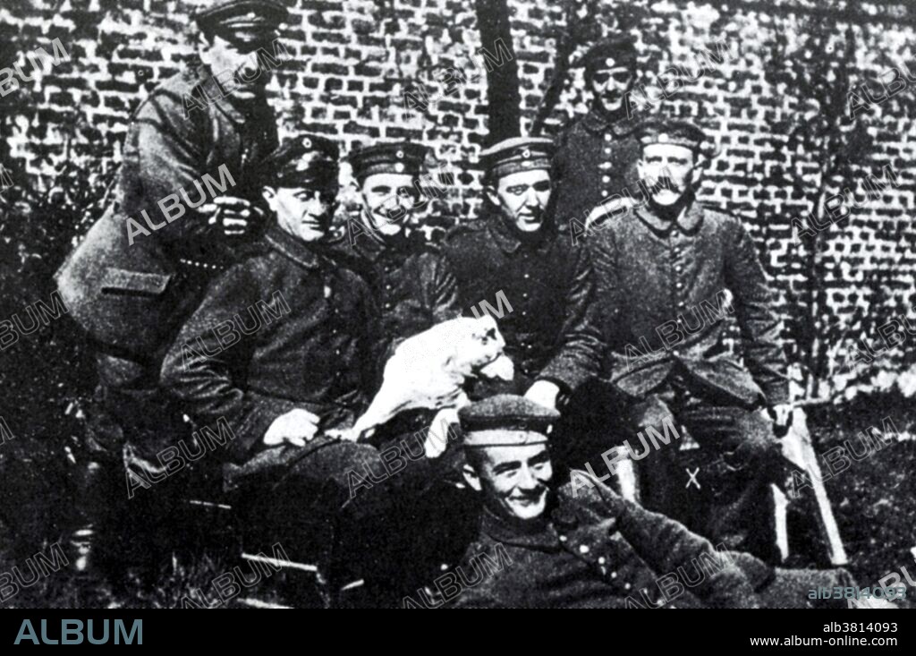 Hitler (far right, seated). At the outbreak of WWI, Hitler volunteered to serve in the Bavarian Army as an Austrian citizen. Posted to the 16th Bavarian Reserve Infantry Regiment where, he served as a dispatch runner on the Western Front in France and Belgium, spending nearly half his time well behind the front lines. He was present at the First Battle of Ypres, the Battle of the Somme, the Battle of Arras, and the Battle of Passchendaele, and was wounded at the Somme. He was decorated for bravery, receiving the Iron Cross, Second Class, in 1914. He received the Black Wound Badge in May 1918. No date or location available.