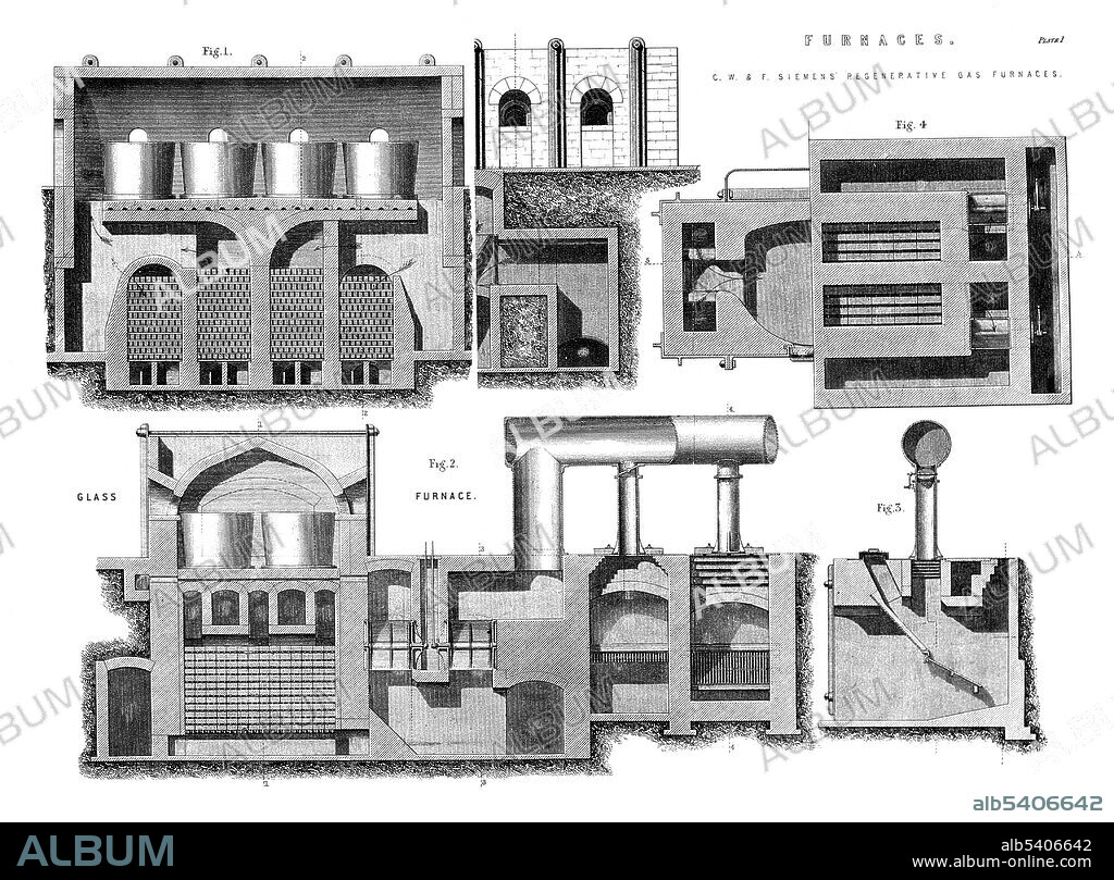 Machines: a gas-fired glass-furnace, long and short sections, plan and details. The open hearth furnace was first developed by German-born engineer Carl Wilhelm Siemens. In 1865, the French engineer Pierre-Émile Martin took out a license from Siemens and first applied his regenerative furnace for making steel. Their process was known as the Siemens-Martin process, and the furnace as an open-hearth furnace. Most open hearth furnaces were closed by the early 1990s, not least because of their slow operation, being replaced by the basic oxygen furnace or electric arc furnace. Charles William Siemens (April 4, 1823 - November 19, 1883) was a German-born engineer who for most of his life worked in Britain and later became a British subject. The regenerative furnace is his greatest single invention using the Siemens-Martin process. The electric pyrometer, which is perhaps the most elegant and original of all his inventions, is also the link which connects his electrical with his metallurgical researches. Siemens pursued two major themes in his inventive efforts, one based upon the science of heat, the other based upon the science of electricity; and the electric thermometer was, as it were, a delicate cross-coupling which connected both. He died in 1883 at the age of 60. No artist credited, 1858.