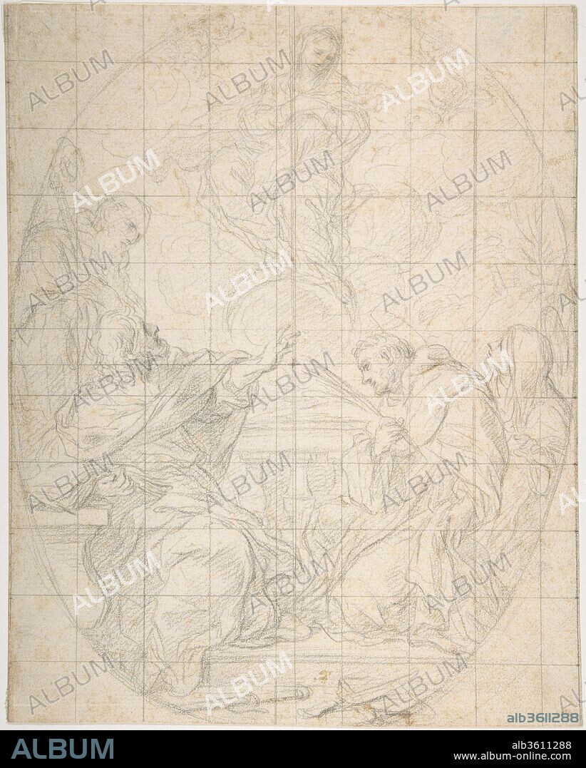 The Virgin Immaculate Appearing to Four Saints. Artist: Ciro Ferri (Italian, Rome 1634?-1689 Rome). Dimensions: 10 3/4 x 8 9/16in. (27.3 x 21.8cm). Date: 1634-89.
The monastic saints kneeling at the right of this composition may be Carmelites (possibly Saint Angelus of Jerusalem and Saint Mary Magdalen de' Pazzi), and the drawing could be a study for an oval relief. Ciro Ferri was responsible for the design of the choir of the church of Santa Maria Maddalena de' Pazzi in Florence, which he executed 1675-1701; however, no such composition occurs among the reliefs here. A black chalk drawing by Ferri in the Kunstmuseum, Düsseldorf (inv. vol. 2, g 2), is a study for the same oval relief: the figures are posed in the same way, but there is a greater expanse of landscape background seen beyond the balustrade. On a visit to the Museum, Jörg Merz (December 2004) tentatively proposed the attribution of the drawing to Pietro Lucatelli (ca. 1630- after 1690), a close pupil of Ciro Ferri.