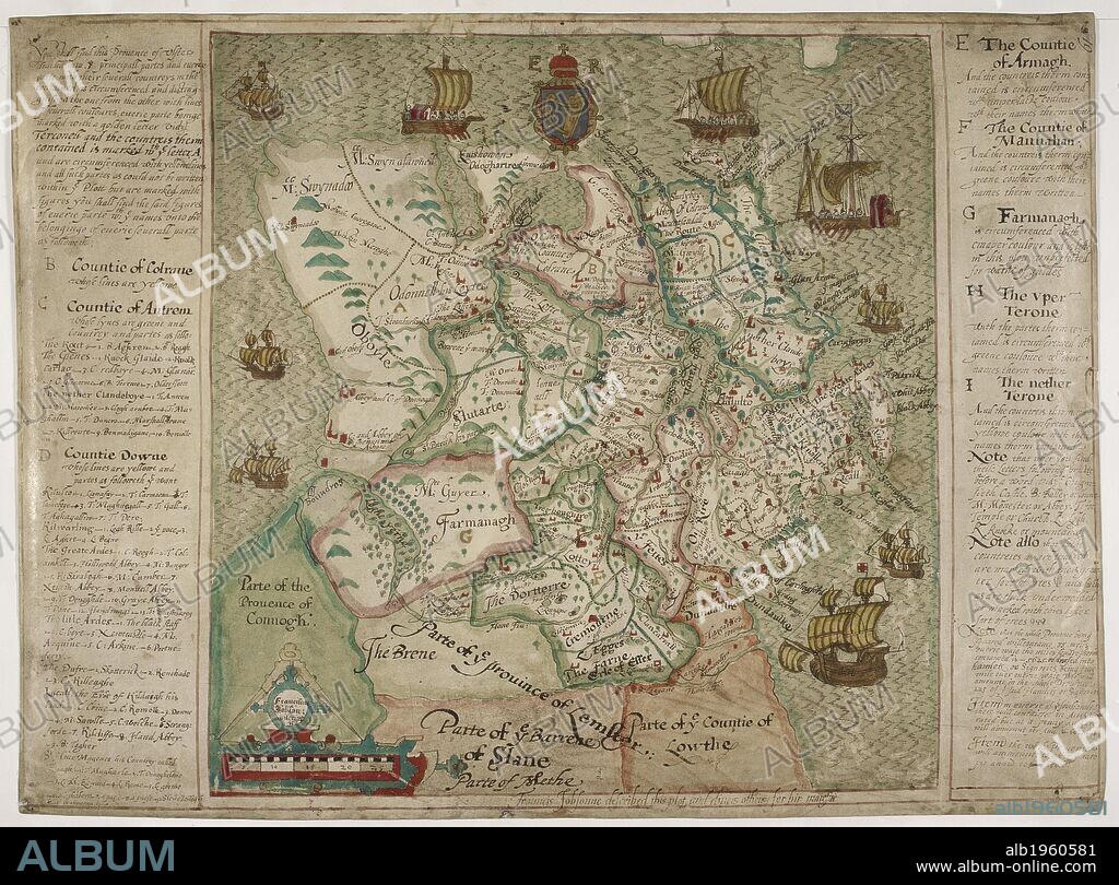 FRANCIS JOBSON. Map of Ulster. England; second half of 16th century. [Whole map] Map of Ulster, with descriptions. Produced for Queen Elizabeth I.  Originally produced in Ireland; second half of 16th century. Source: Cotton Augustus I.ii.19. Language: Ireland.