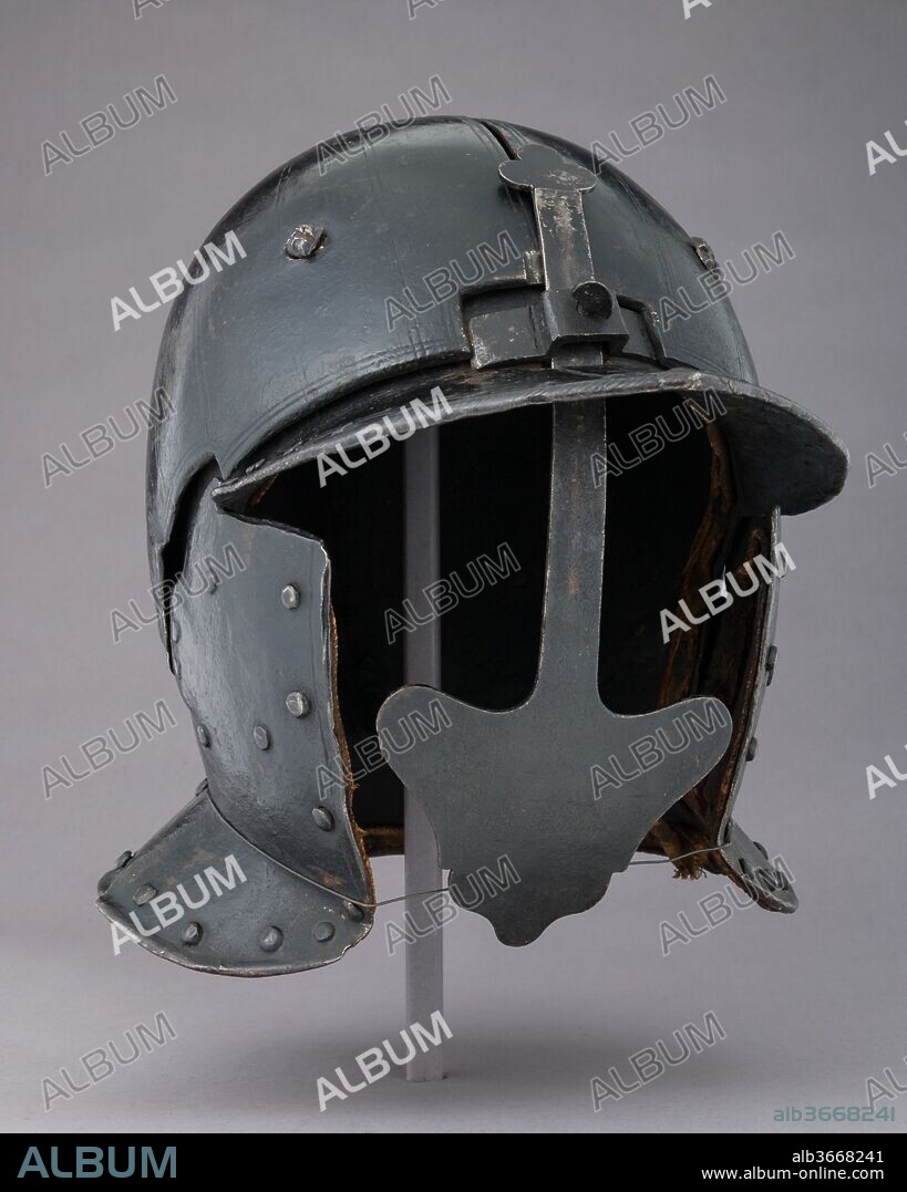 Siege Helmet. Culture: French. Dimensions: H. including nasal 12 1/4 in. (31.1 cm); H. excluding nasal 11 1/4 in. (28.6 cm); W. 10 in. (25.4 cm); D. 13 9/16 in. (34.4 cm); Wt. 23 lb. (10.43 kg). Date: 17th century.