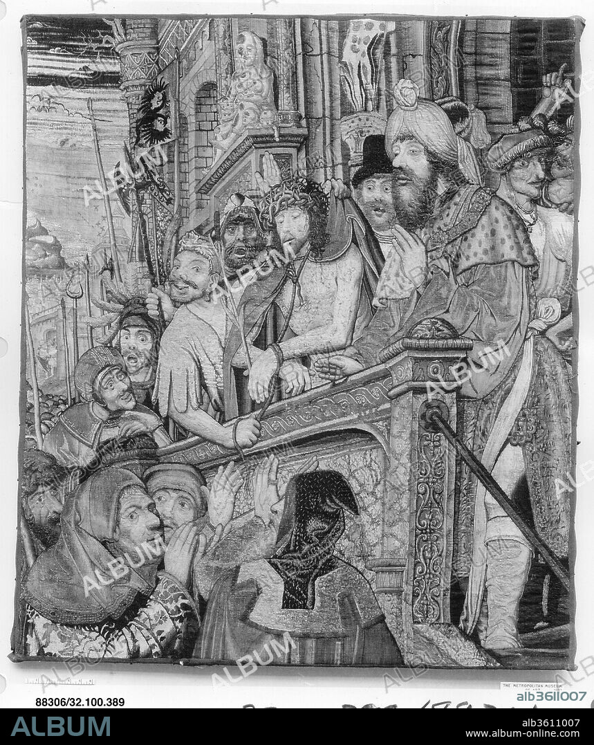 ADAPTED FROM A WOODCUT BY ALBRECHT DÜRER. Christ Shown to the People. Artist: Adapted from a woodcut by Albrecht Dürer (German, Nuremberg 1471-1528 Nuremberg). Culture: Flemish, probably Brussels. Designer: After a painting by Quentin Metsys (Netherlandish, Leuven 1466-1530 Kiel). Dimensions: H. 61 x W. 51 inches (154.9 x 129.5 cm). Date: ca. 1515-20.