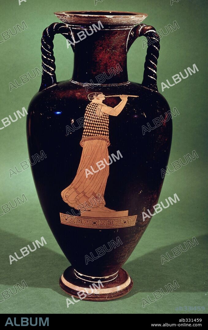 Greek red figure amphora. Woman playing "flute".