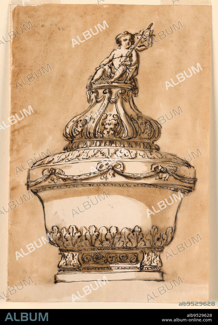 GIUSEPPE BARBERI. The bowl has below a leaf chalice and above a protruding band with festoons supported by bow-knots. It is supported by a square base, with a plinth below and an upper molded panel with two lead chalices at the sides and rinceaux springing from a head in the inner panel. The lid forms a high curved pedestal, with a row of upright scrolls with chrubim in the lower intervals. On top St. John the Baptist as boy, sitting. Usual background. Date: ca. 1775. Pen and brown ink, brush and brown wash on lined off-white laid paper.