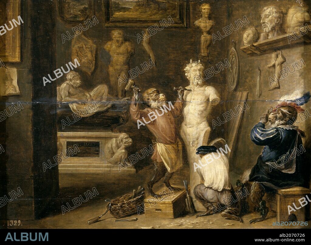 DAVID TENIERS THE YOUNGER. EL MONO PINTOR - HACIA 1660 - OLEO/TABLA - 24x32  cm - ESCUELA FLAMENCA - NP 1805 - Album alb6148692