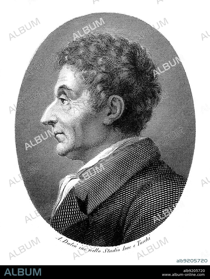 Joseph-Louis Lagrange (1736-1813), also known as Giuseppe Luigi Lagrangia, Italian-French mathematician and astronomer who made significant contributions to the fields of analysis, number theory, and both classical and celestial mechanics. Line engraving by Antonio Dalco (1802-1888).