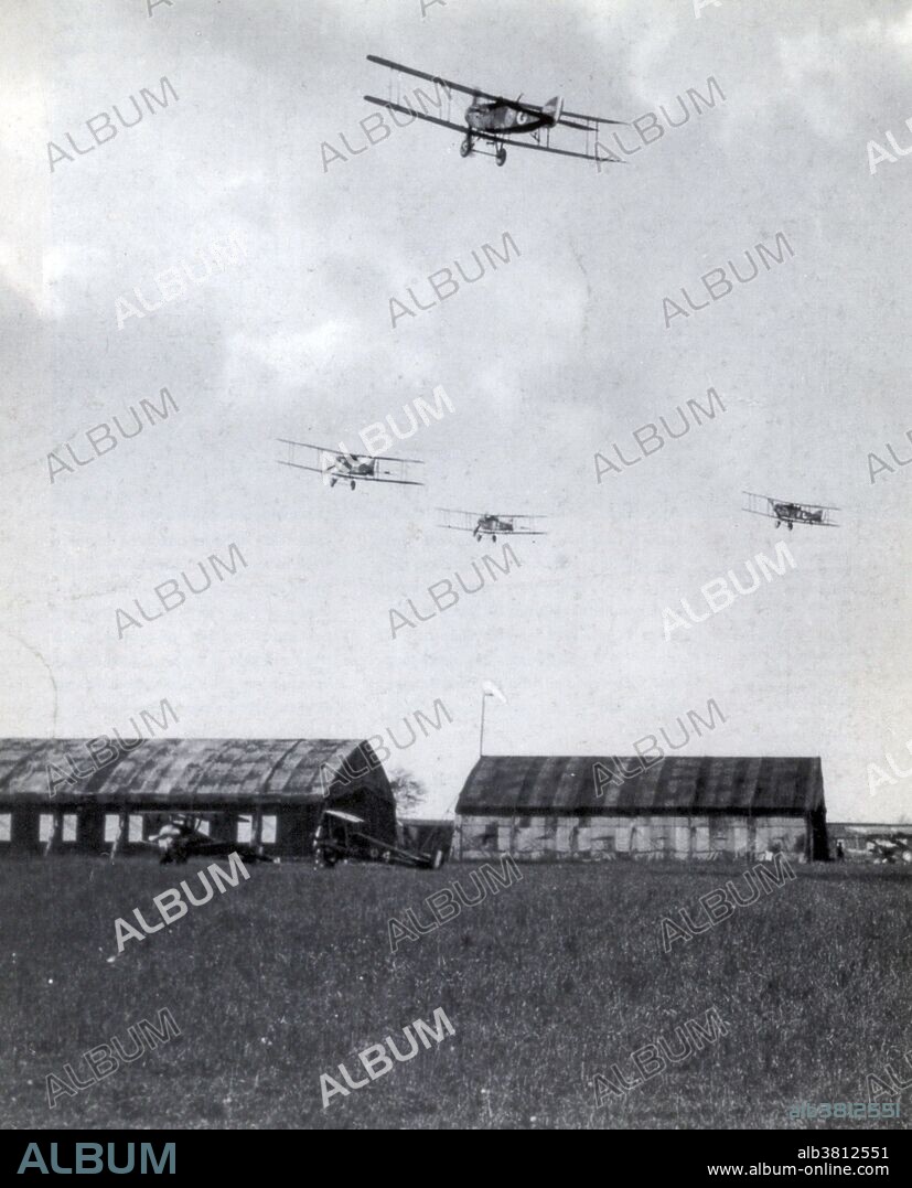 The Bristol F.2 Fighter was a British two-seat biplane fighter and reconnaissance aircraft of WWI flown by the Royal Flying Corps. It is often simply called the Bristol Fighter or popularly the "Brisfit" or "Biff". Despite being a two-seater, the F.2B proved to be an agile aircraft that was able to hold its own against opposing single-seat fighters. Having overcome a disastrous start to its career, the F.2B's solid design ensured that it remained in military service into the 1930s, and surplus aircraft were popular in civil aviation. Captioned: " Bristol fighters depart for German lines, June 1918.".