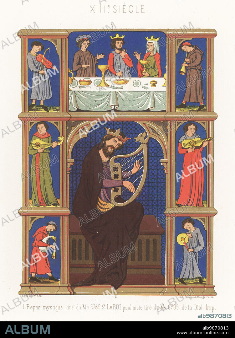 A mystical meal with the Holy Grail vase on the table and King David playing psalms on a harp. Six musicians playing vielle, lute, bagpipes, shawm and drum. The meal and six musicians taken from Roman de Saint Graal, Merlin, Sept Sages and a chronicle. Repas mystique tire de MS 6769, Le Roi psalmiste tire du MS 6705, Bibliotheque Imperiale, France, XIIIe siecle. Chromolithograph by Ferdinand Sere from Charles Louandres Les Arts Somptuaires, The Sumptuary Arts, Hangard-Mauge, Paris, 1858.