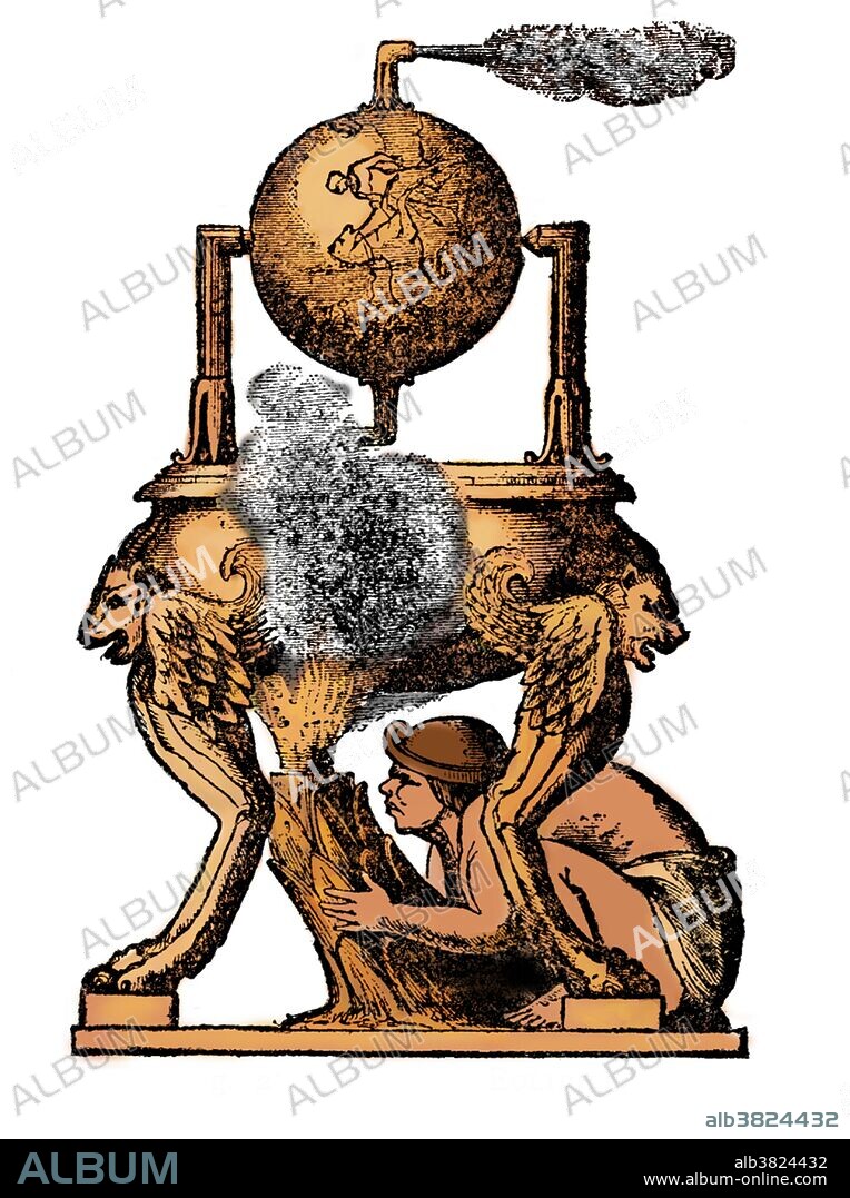 In the first century AD a Greek inventor known as Hero of Alexandria came up with a new invention that depended more on the mechanical interaction of heat and water. He invented a rocket-like device called an aeolipile, also known as Hero's engine. It used steam for propulsion. Hero mounted a sphere on top of a water kettle. A fire below the kettle turned the water into steam, and the gas traveled through the pipes to the sphere. Two L-shaped tubes on opposite sides of the sphere allowed the gas to escape, and in doing so gave a thrust to the sphere that caused it to rotate. Hero (or Heron) of Alexandria (10-70 AD) was an ancient Greek mathematician and engineer from Alexandria, Roman Egypt. His work is representative of the Hellenistic scientific tradition and he is often called, the greatest experimenter of antiquity. No artist or date credited on image.