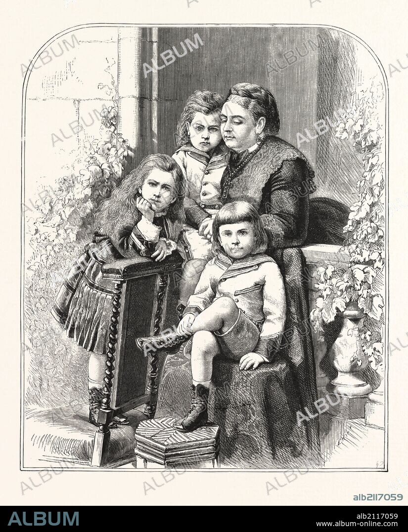 PRINCESS MARY, PRINCE FRANCIS, PRINCE ADOLPHUS, THE DUCHESS OF TECK, PRINCESS MARY OF CAMBRIDGE AND CHILDREN, ENGRAVING 1876, UK, britain, british, europe, united kingdom, great britain, european.