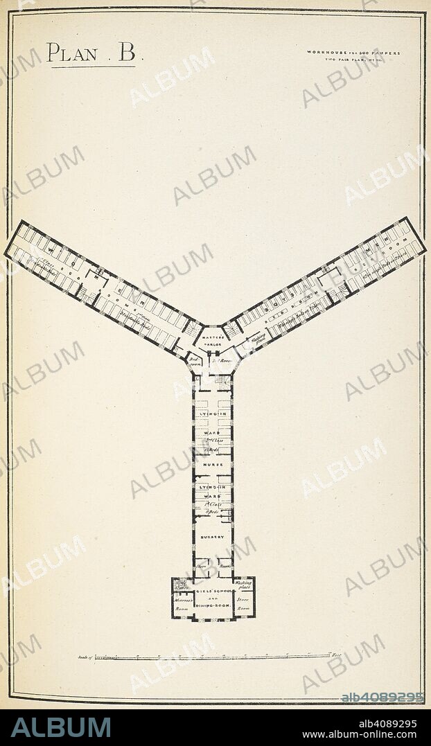 A plan or design for a workhouse. Knight's guide to the arrangement and construction of workhouse buildings, with notes and diagrams of the requirements and recommendations of the Local Government Board, in regard to the erection of Poor Law institutions. London: Knight & Co. ..., 1889. Source: RB.23.b.6600 Plan B.