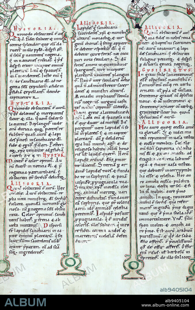 Illuminated Manuscript, Gloss on The lamentations of Jeremiah, Arcade with a hunter and a scribe, This illustrated copy of The lamentations of Jeremiah with the gloss (or interpretation) of Gilbert of Auxerre was written in Austria in the second half of the twelfth century and comes from the monastery of Seitenstetten. Gilbert died in 1134, and the manuscript is an early and important witness to his text. The gloss is written in a small script and is both interlinear and marginal. This layout is typical of glossed books of the Bible from the twelfth century. The illustrations of the sack of Jerusalem and the return to Babylon give valuable information on twelfth-century armor. The manuscript is in its original binding.