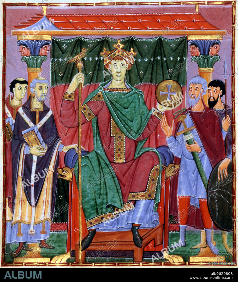 ANON. Coronation of Otto III, German king, c998. Otto (980-1002), wearing a crown and holding an orb and sceptre, is flanked on the left of picture by representatives of the church and on the right by secular advisors. The fourth ruler of the Saxon dynasty, Otto III (980-1002) was elected king in 983 when only 3 years old, after the death of his father, the Holy Roman Emperor Otto II. Otto reached his majority in 894, and was crowned Holy Roman Emperor in 996, by Pope Gregory V, the first German Pope, whose appointment Otto had engineered.