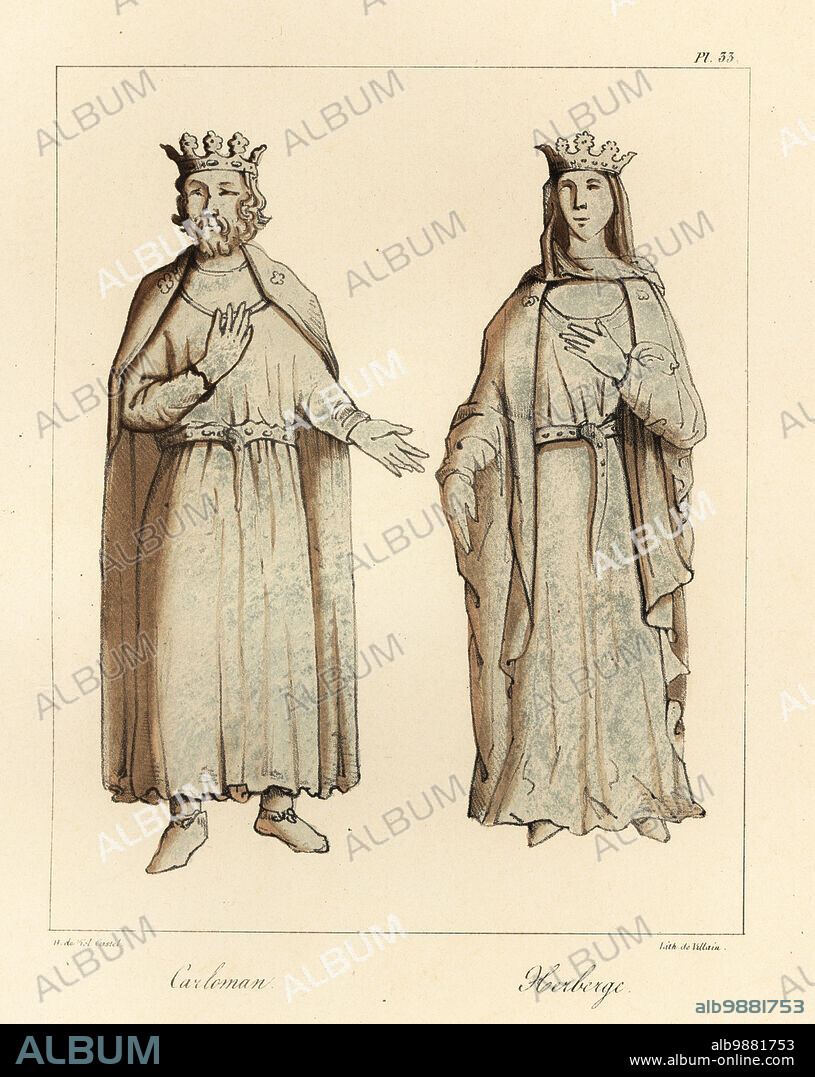 Carloman I, King of the Franks, younger brother of Charlemagne, 751-771 and his wife Gerberga. From tomb effigies in the Basilica Saint-Denis, Paris. Carloman, Herberge. Tinted lithograph by Villain after an illustration by Horace de Viel-Castel from his Collection des costumes, armes et meubles pour servir à l'histoire de la France (Collection of costumes, weapons and furniture to be used in the history of France), Treuttel & Wurtz, Bossange, 1827.