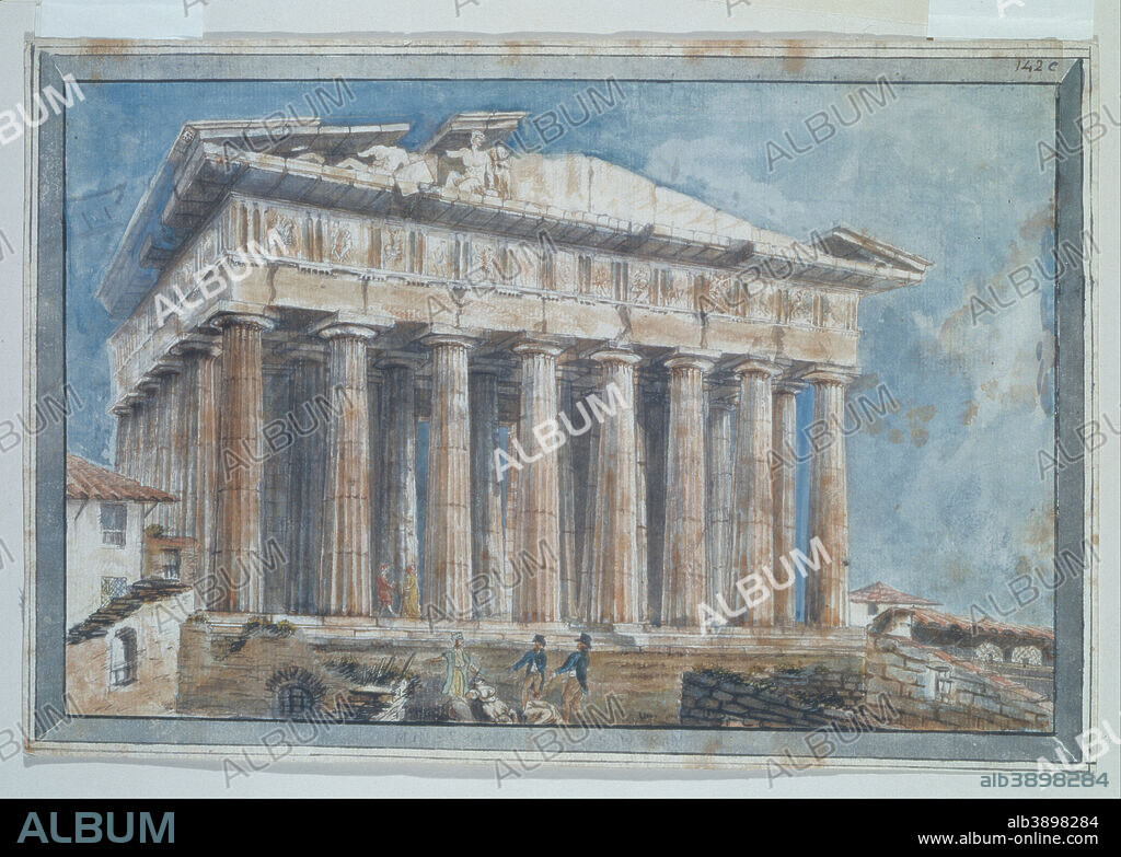 GELL SIR WILLIAM. The removal of the Sculptures from the Pediments of the Parthenon by Elgin. Date/Period: 1801. Painting. Watercolor on laid paper. Height: 200 mm (7.87 in); Width: 310 mm (12.20 in).