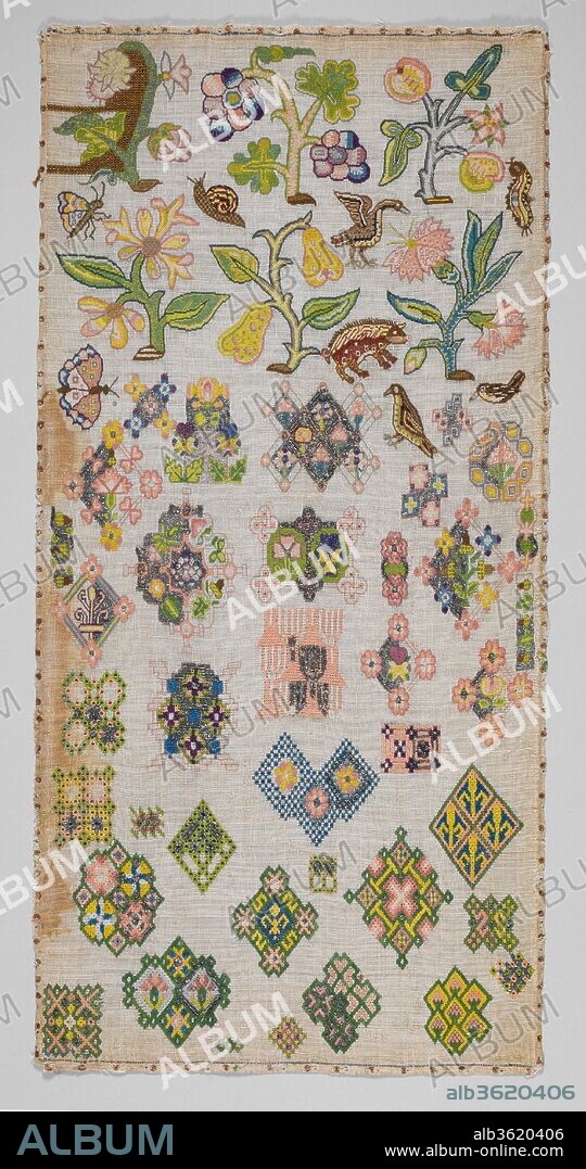 Sampler. Culture: British. Dimensions: H. 21 3/4 x W. 10 5/8 inches (55.2 x 27 cm); Framed: H. 22 3/8 x W. 11 3/8 x D. 1 inch (56.8 x 29.2 x 2.5 cm). Date: mid-17th century.
The canvas ground of this spot sampler is a crowded, asymmetrical flurry of ornamental designs; these include fauna, such as birds, snails, a boar, and butterflies; a variety of fantastic flora in the form of flowering and fruiting branches and stylized blossoms known as slips; and geometric interlacing patterns similar to those of newly fashionable "knot" parterres, designs for which were first published in England by Thomas Hyll in his Proffitable Art of Gardening (1568). The sampler is divided roughly into two parts, with the natural world presented at the top and geometric motifs below.
Spot samplers may have come closest to fulfilling the etymological destiny of the sampler, or exemplar, as "an example to be imitated; a model, pattern; an archetype." They are composed of collections of patterns and stitches to which the maker might refer when she was in need of inspiration or guidance for a particular technique. They generally do not include a date or a name in the body of the work that would allow a connection to be made with an embroiderer at a certain point in her education.
A. J. B. Wace cited the existence of samplers as early as the beginning of the sixteenth century, writing that one was purchased for Elizabeth of York, who died in 1503, and that Elizabeth, Countess of Oxford, who died in 1537, left her two sisters twelve samplers in her will, although it is not clear that these were the work of her own hand. The earliest extant English sampler is preserved in the Victoria and Albert Museum; it was inscribed and dated by Jane Bostock in 1598. A sampler with a very similar composition to the present example composed of tent-stitch slips and animals above a group of geometric designs worked in silk and metal threads, is also in the Victoria and Albert Museum (inv. no. T.234-1928). 
Spot samplers were originally dated to the late sixteenth or early seventeenth century, but more recently they have been reassigned to the mid-seventeenth century on the basis of a group of dated spot samplers that Carol Humphrey has brought to light. Spot samplers are relatively rare survivals compared to seventeenth century band samplers, which may result from their continuing usefulness as pattern references, a function that would have worn them out. The fact that these are rarely dated or signed may indicate that some are the work of professional teachers or embroiderers, in which case they would not have been treasured and saved by the descendants of the makers in the same way as "schoolgirl" accomplishments. Nevertheless, early in their existence they were certainly valued by the women who actually referred to them. The manner in which the maker of this sampler used materials and the fact that several individual motifs in this piece were left half-finished suggest that this is the first draft of a final work. Once the maker had mastered the technique and produced enough of the design to judge the final effect, there was no need to waste precious materials, particularly metal threads, and time in completing the motif.
Geometric patterns similar to those found on this sampler were used on small purses and other decorative accessories; a cushion in the Colonial Williamsburg collection (inv. no. 1967-62), for example, is decorated with a similar diamond-shaped motif. It has been suggested that the tent-stitch motifs, or slips, on spot samplers were intended to be cut out and applied to another ground fabric for the production of valances, bed hangings, or cushion covers. It seems more likely that these were intended to be saved as design ideas rather than used in another end product. Surviving unused slips suggest that when these were worked in any quantity for use in appliqué, they were organized methodically in rows of identical motifs, rather than squeezed into the available space at different angles of orientation.
[Emily Zilber, adapted from English Embroidery from The Metropolitan Museum of Art, 1580-1700: 'Twixt Art and Nature / Andrew Morrall and Melinda Watt ; New Haven ; London : Published for The Bard Graduate Center for Studies in the Decorative Arts, Design, and Culture, New York, The Metropolitan Museum of Art, New York [by] Yale University Press, 2008.].