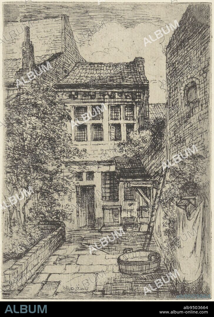 Brugstraat at Maastricht, Alexander Schaepkens, 1830 - 1899, View of the rear facade and garden of a house on the south side of Maastrichter Brugstraat The house was demolished when the building line was widened at the end of the 19th century., print maker: Alexander Schaepkens, 1830 - 1899, paper, etching, h 152 mm × w 107 mm.