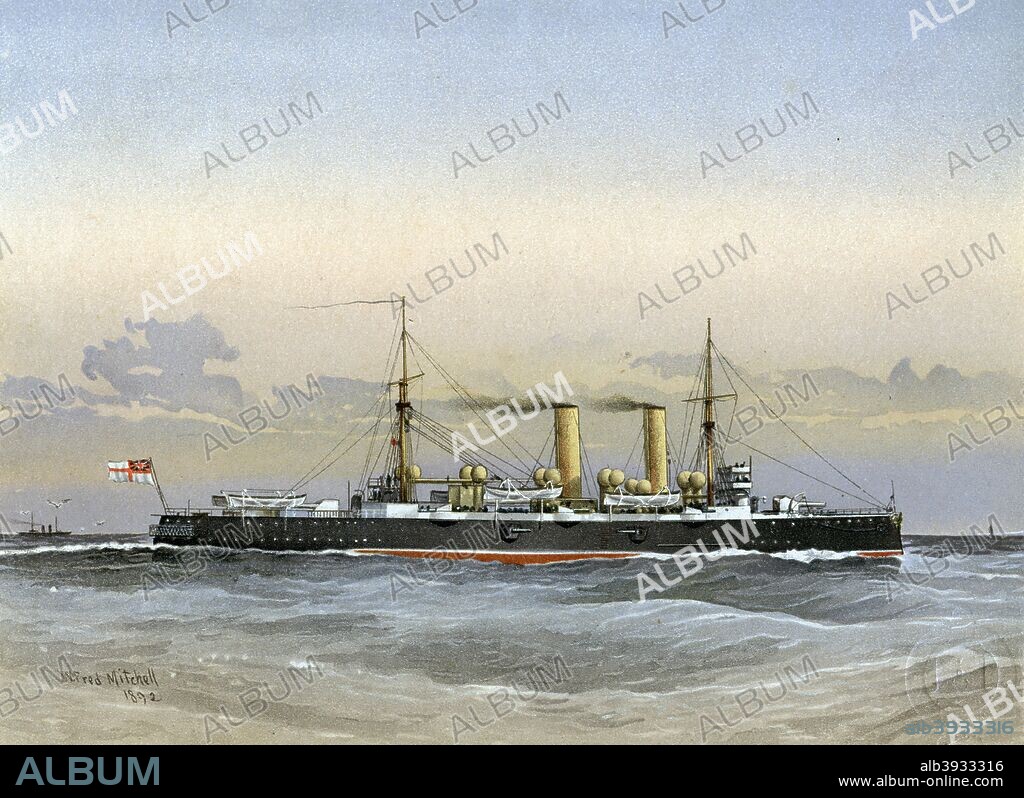 HMS 'Blenheim', Royal Navy 1st class cruiser, 1892. HMS 'Blenheim' was launched in 1890. She served with the Channel Fleet until 1908 when she was reclassified as a depot ship with the Mediterranean Fleet. A print from Her Majesty's Navy Including its Deeds and Battles, by Lieut Chas Rathbone Low, Volume III, JS Virtue & Co, London, 1890-1893.