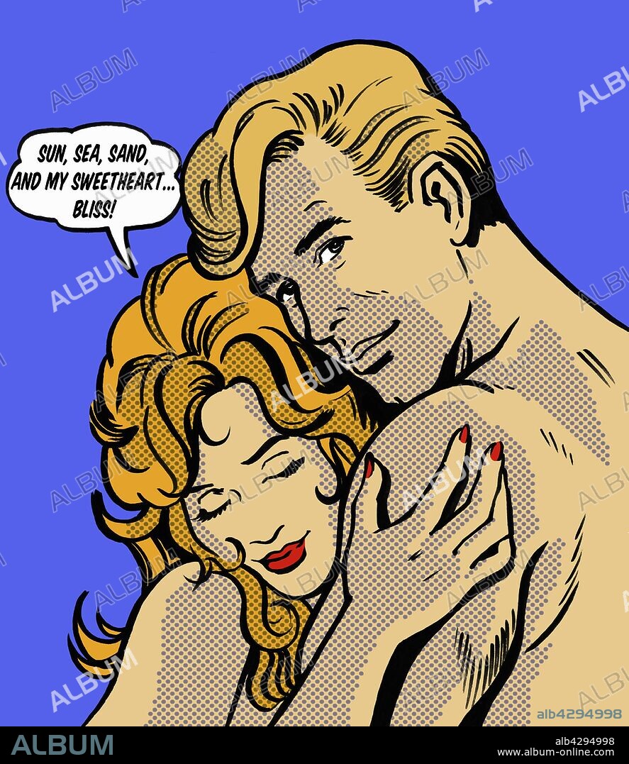 Close up cartoon of nude couple hugging with content woman thinking in  thought bubble of holiday and romance. - Album alb4294998