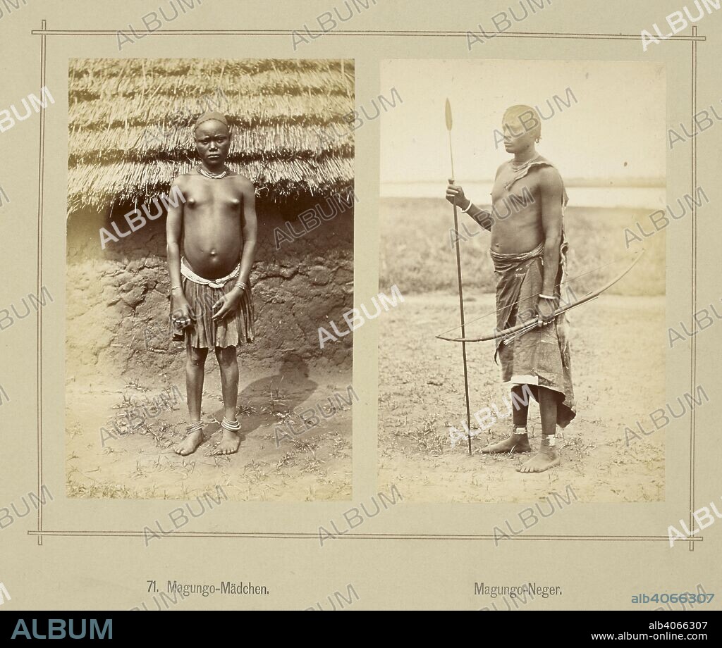 RICHARD BUCHTA. (Left) Magungo-Madchen. (right) Magungo-Neger A young girl and a man of Magungo. Die oberen Nil-LaÌˆnder. Volkstypen und Landschaften. Dargestellt in 160 Photographien. Nach der Natur aufgenommen von R. Buchta. Mit einer Einleitung von Dr. Robert Hartmann. Berlin, 1881. Source: 1789.a.13 plate 71. Language: German.