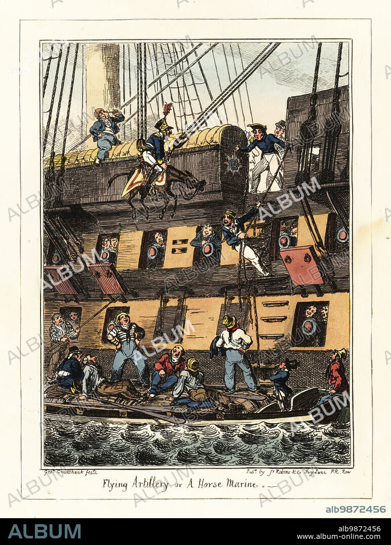 A Cape Verde militia dragoon punished by the Royal Navy. For striking a coxuwain with his sword, The cavalryman and his donkey are winched aloft by ropes from the main yard-arm of a frigate. English sailors and officers watch and laugh. Flying Artillery, or a Horse-Marine. Handcoloured lithograph by George Cruikshank from Greenwich Hospital, a Series of Naval Sketches, by An Old Sailor (Matthew H. Barker), published by James Robins, London, 1826.