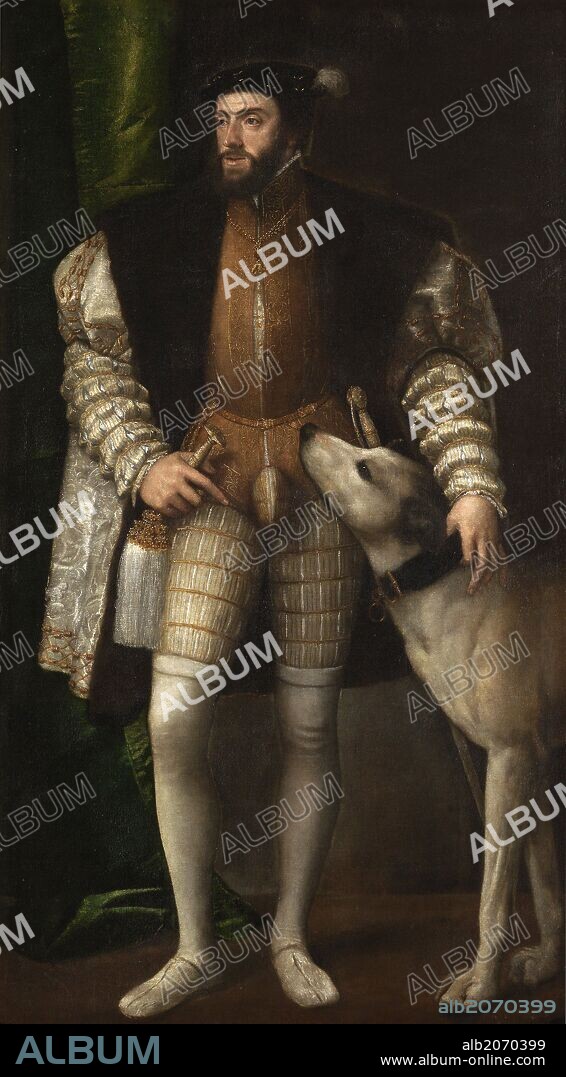 Vecellio di Gregorio Tiziano / 'Carlos V with a Hound', 1533, Italian School, Oil on canvas, 194 cm x 112,7 cm x 3,5 cm, P00409.