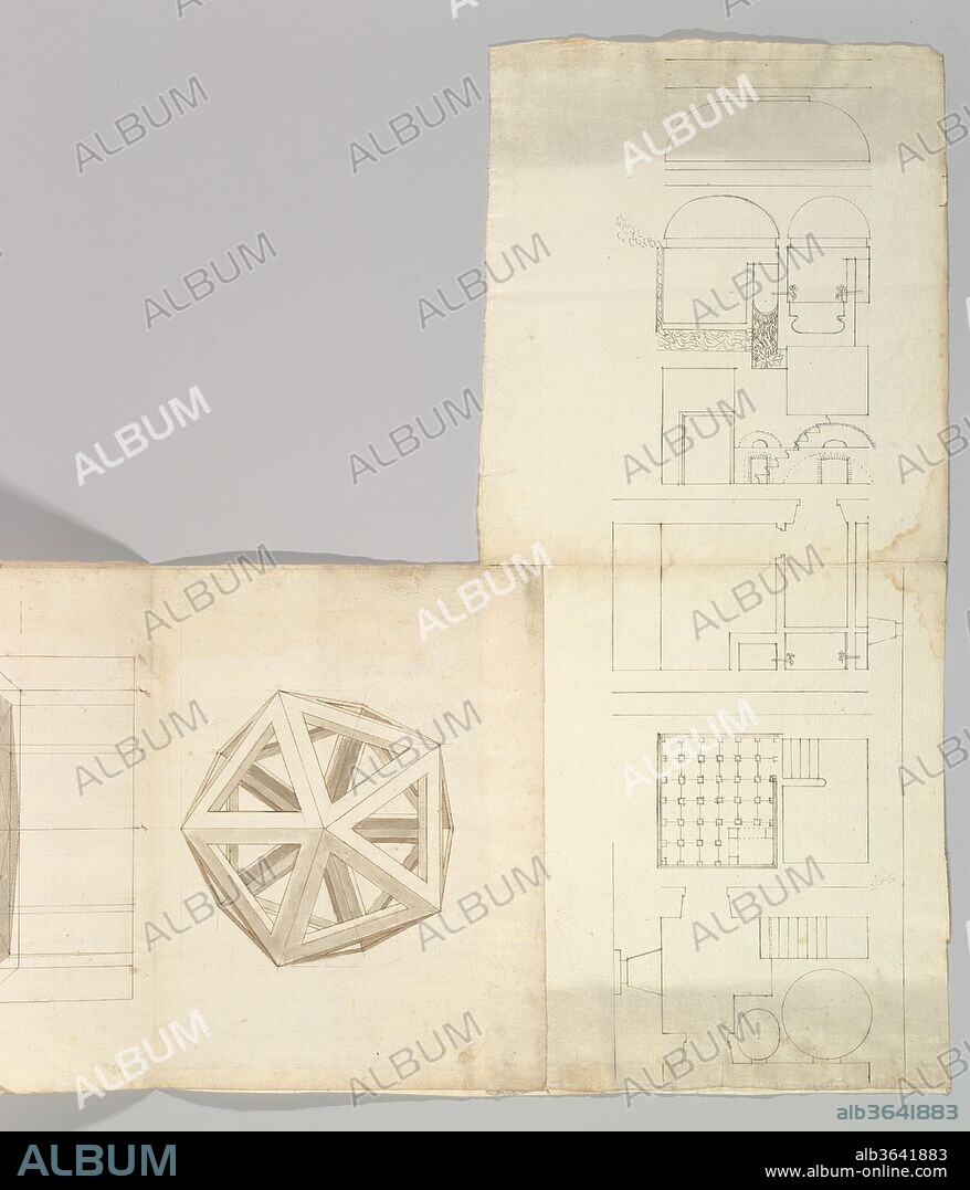 Unidentified , orthographic study, plans and section (recto) Rhomicuboctahedron, skeletal, perspective; elevation, perspective projection (verso). Dimensions: sheet: 22 7/16 x 20 1/2 in. (57 x 52 cm)
22 7/16 x 9 13/16 in. (57 x 25 cm)
12 3/16 x 11 7/16 in. (31 x 29 cm). Draftsman: Drawn by Anonymous, French, 16th century. Date: early to mid-16th century.