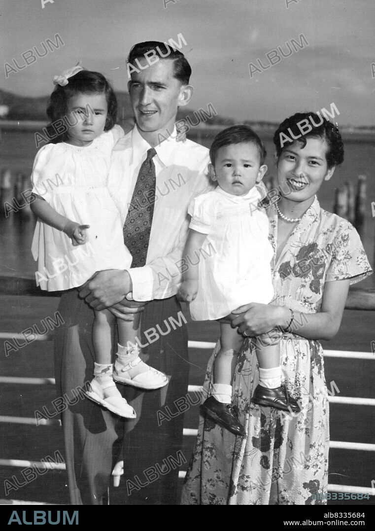 Gordon Parker of Melbourne, a former corporal with BCOF, with his pretty wife Cherry and their two children Margaret and Kathleen. In January Mrs. Parker had a son.Japanese War Bride in Cairns***** liner Taiping to-night.With him was his Japanese wife-the first permitted in to Australia by the Commonwealth Government-and their two children. Margaret will be three years of age next month, and Kathleen is aged 12 months.Mr. Parker, who was discharged from the army in January, 1949, said to-night he was not in the least worried about returning to Australia.The only emotion he felt was gladness at being home again. July 08, 1952.