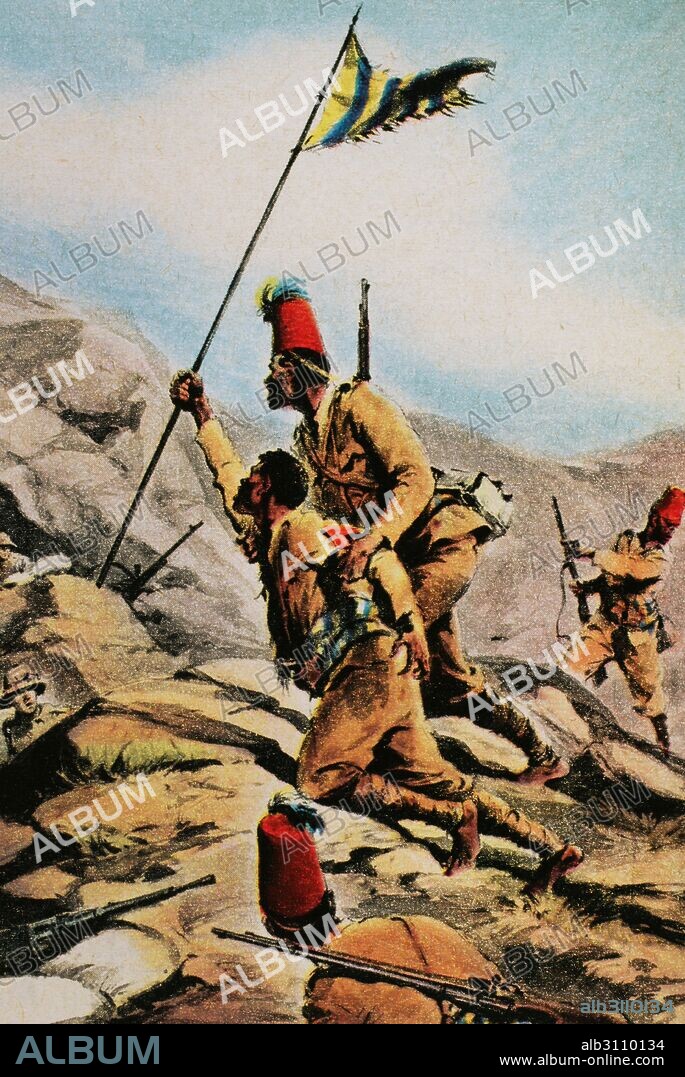 World War II (1939-1945). Ethiopia. After the Italian defeat at the Battle of Gondar (1941) Ethiopia remained in British hands, except for the resistance of thousands of Italians supported by natives who did not accept surrender and kept fighting in the Gondar region. Engraving of La Domenica del Corriere, Italy.