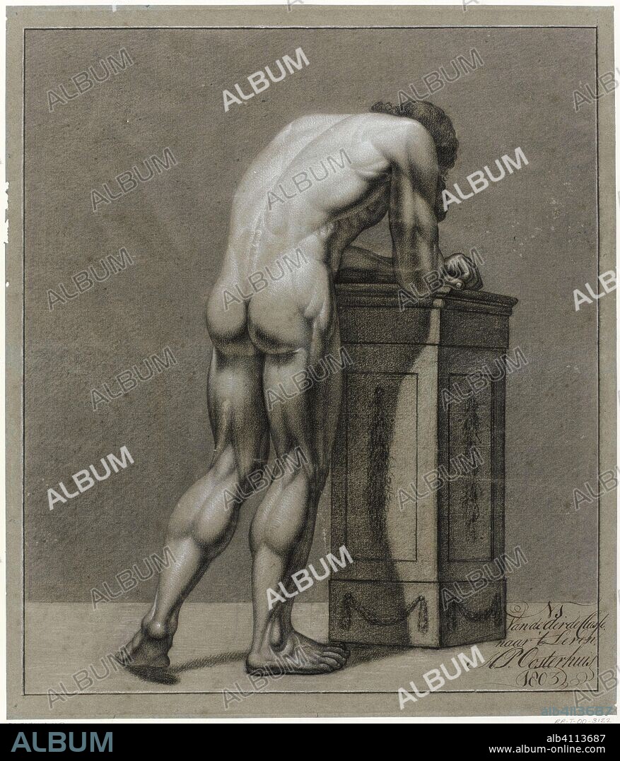 Standing male naked, bent over by a block, seen from behind. Draughtsman:  Haatje Pieters Oosterhuis. Dating: 1803. Measurements: h 610 mm × w 517 mm.  - Album alb4113687