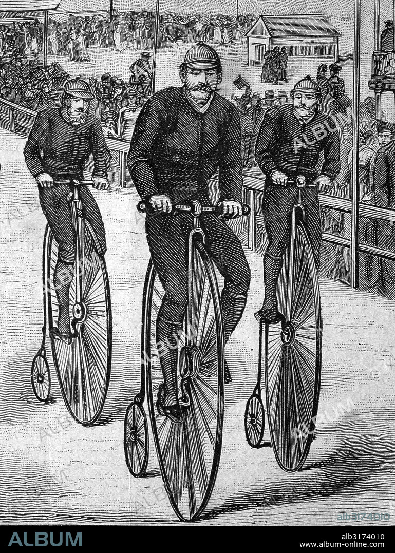 Men riding penny farthing bicycles historical illustration circa