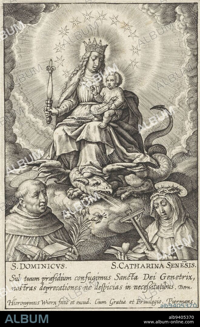 Mary as Queen of Heaven sits on the clouds (Regina Coeli) with the Christ child on her lap. She triumphs over sin, which is symbolized by the dragon whom she tramples. Among them, St. Dominic and St. Catherine of Siena. In the margin a two-line caption in Latin., Mary as Queen of Heaven, with the Christ Child Adoration of the Virgin Mary by Saints (series title), print maker: Hieronymus Wierix, (mentioned on object), Hieronymus Wierix, publisher: Hieronymus Wierix, (mentioned on object), Antwerp, 1563 - before 1619, paper, engraving, h 92 mm × w 60 mm.