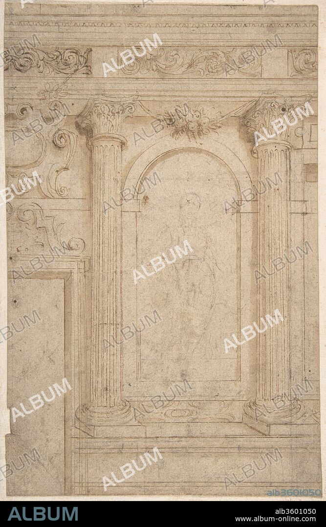 Architectural Design with Two Columns and Figure. Artist: Anonymous, Italian, 17th century. Dimensions: sheet: 9 7/16 x 6 1/16 in. (24 x 15.4 cm). Date: 17th century.