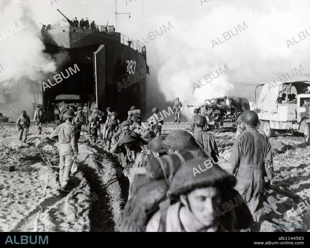 Invasion of Italy, Bay of Salerno. Scene on one of the beaches as landing operations go forward. Gade, 9 September 1943.