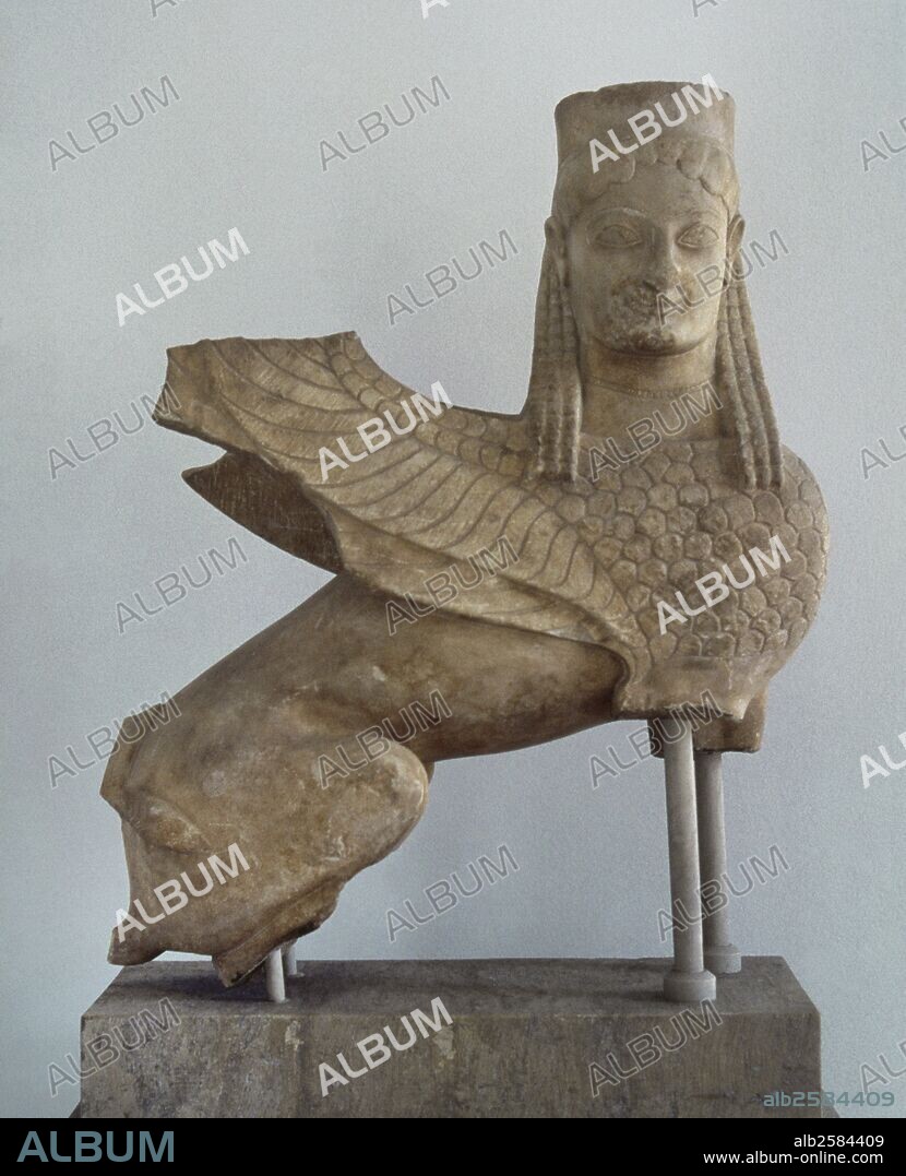 Greece. Archaic Period. Sphinx who crowned a mortuary stele. Ca.570 BC. Found in Spata (Attica). National Archaeological Museum. Athens.