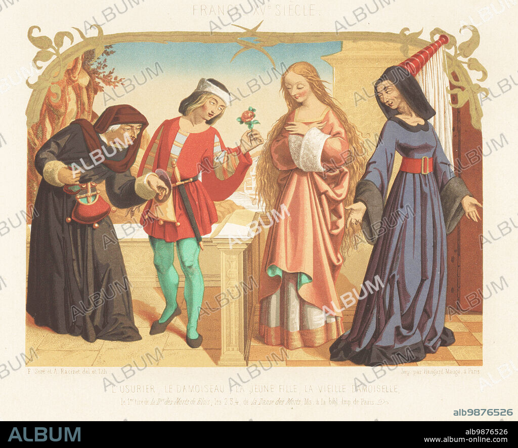 French costumes, end of the 15th century. Usurer in chaperon 1, young man  with rose 2, young woman 3 and old woman in hennin hat 4. The men with  large purses or almoniers - Album alb9876526