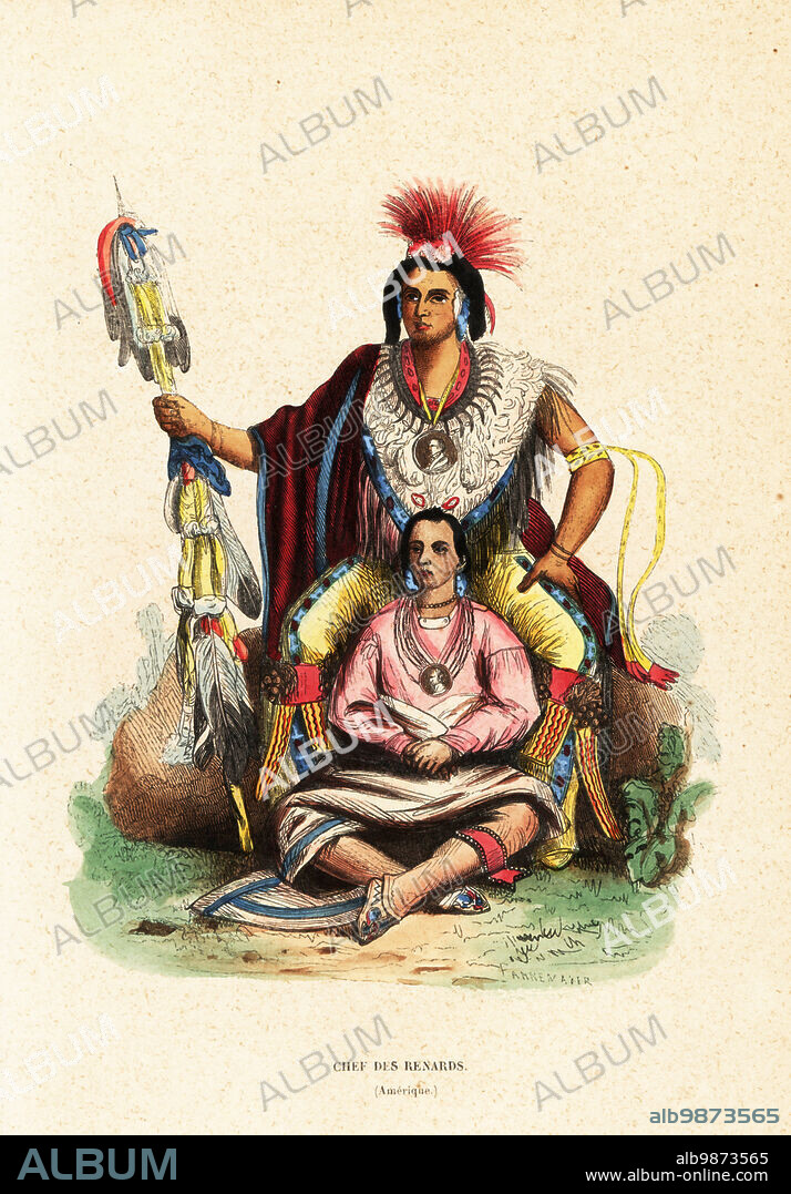 Keokuk, Chief of the Sac and Fox (Meskwaki) people and his son. Chief Keokuk or Kee-o-kuk, Watchful Fox or Running Fox, with son, Musewont, Long-Haired Fox. Chef des Renards (Amerique). Wearing medallions of the President of America. Copied from The Indian Tribes of North America by Thomas L. McKenney and James Hall, 1836. Handcoloured woodcut by Pannemaker copied from a portrait by Charles Bird King in Auguste Wahlen's Moeurs, Usages et Costumes de tous les Peuples du Monde, (Manners, Customs and Costumes of all the People of the World) Librairie Historique-Artistique, Brussels, 1845. Wahlen was the pseudonym of Jean-Francois-Nicolas Loumyer (1801-1875), a writer and archivist with the Heraldic Department of Belgium.