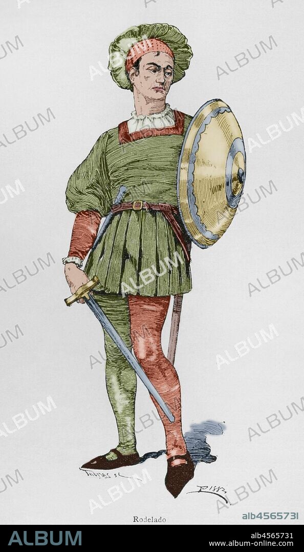 Rodeleros (shield bearers). Spanish troops in the early 16th century. They were equipped with swords and steel shields or bucklers, known as rodela. The majority of Hernan Cortes's troops, during the campaings in the New World, were rodeleros. Engraving. Museo Militar, 1883. Later colouration.