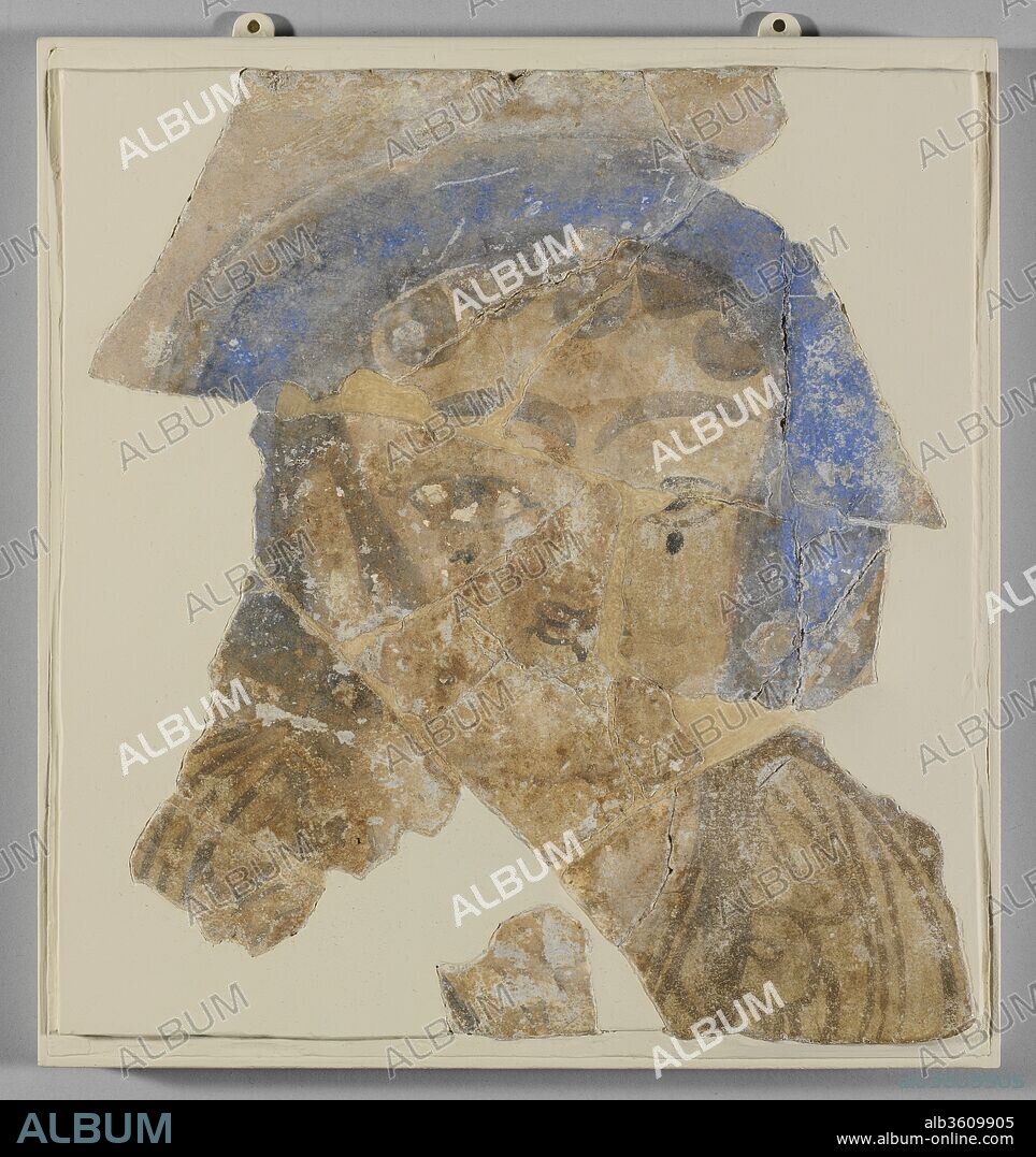 Wall Painting with Female Figure. Dimensions: H. 9 1/2 in. (24.1 cm)
W. 10 1/4 in. (26 cm)
mount:
H. 11 in. (27.9 cm)
W. 10 5/16 (26.2 cm). Date: 9th-10th century.
Along with several other intriguing fragments, this piece of wall painting was discovered in the drain in one of the houses of the Sabz Pushan neighborhood. All of the discarded fragments bore images of people or demon-like figures, but in their broken state, it was difficult to determine what kind of scene they originally composed. Wall paintings are fragile and rarely survive, but evidence from sites throughout Iran and Central Asia demonstrate their popularity in the medieval period. The varied examples of wall painting found at Nishapur--such as a hunting scene with male and female heads from the bathhouse at Qanat Tepe, the dados with scrolls terminating in human hands from Tepe Madrasa, and a mounted hunter a standing figure to his left found at the Vineyard Tepe--are therefore extremely important to the study of this medium.